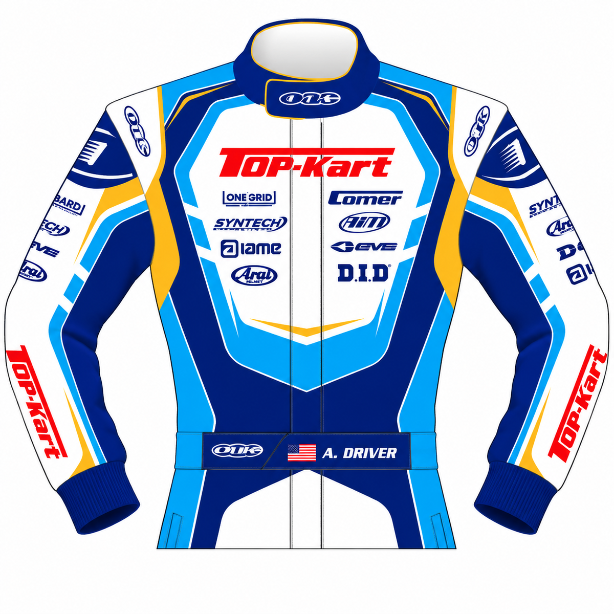 Top-Kart blue and white racing suit front view with OTK and sponsor graphics