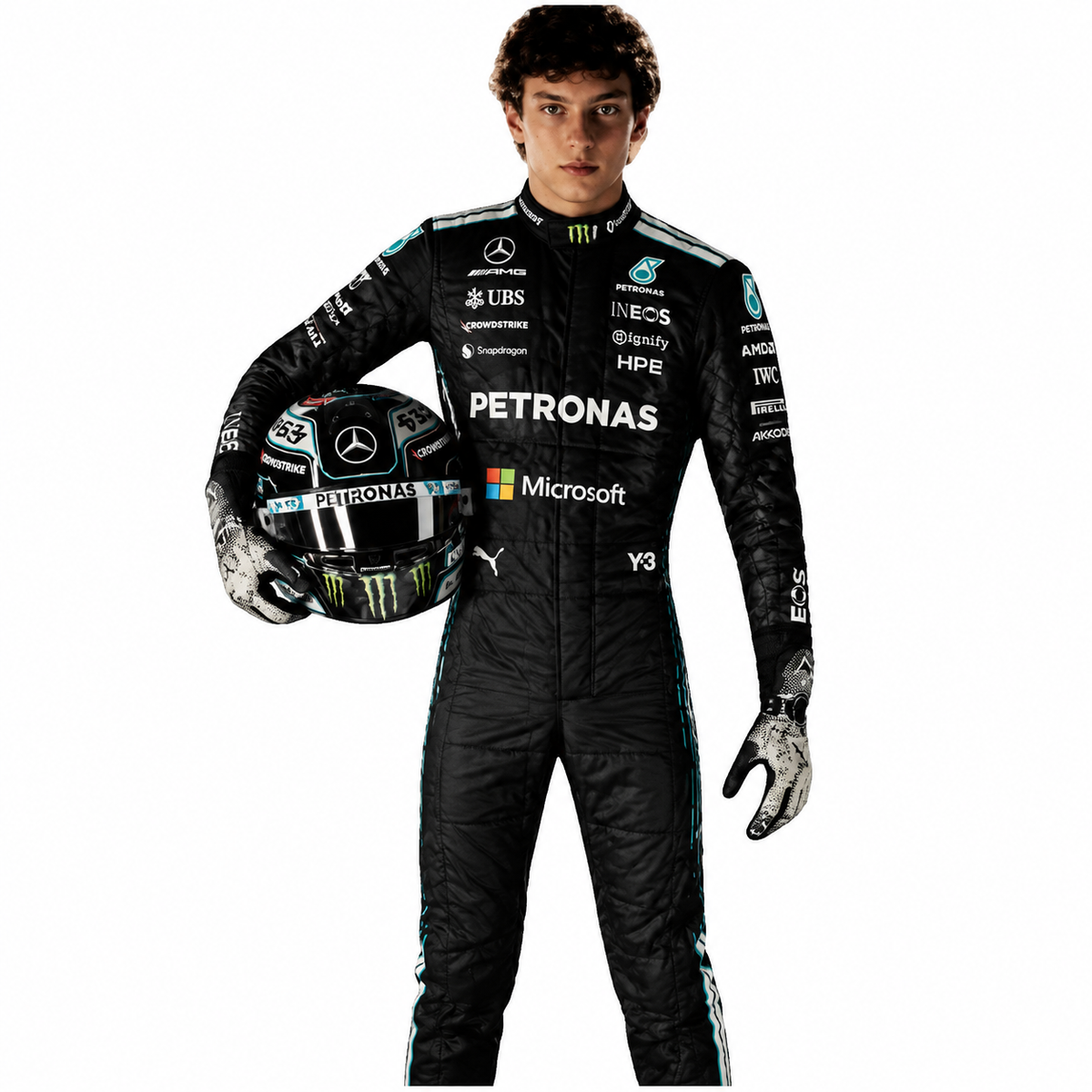 Model wearing a black Petronas-inspired racing suit with teal accents and holding a matching black motorsport helmet against a white studio background.