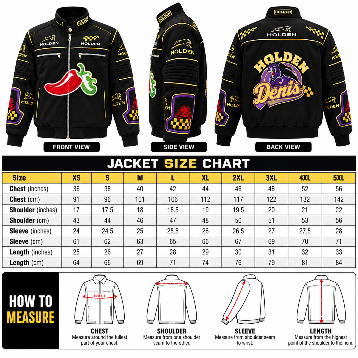 Black Holden racing jacket size chart from XS to 5XL showing chest, shoulder, sleeve, and jacket length measurements in inches and centimeters, with front, side, back, and measuring guide illustrations.