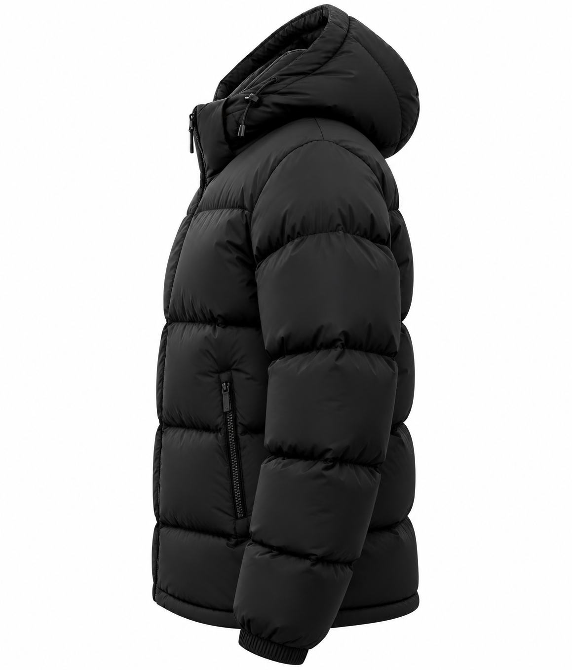 Side view of men's black winter puffer jacket with padded hood and quilted sleeves on a white background