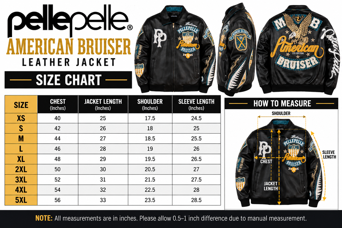 Pelle Pelle American Bruiser black leather jacket size chart showing XS to 5XL with chest, jacket length, shoulder, and sleeve measurements.