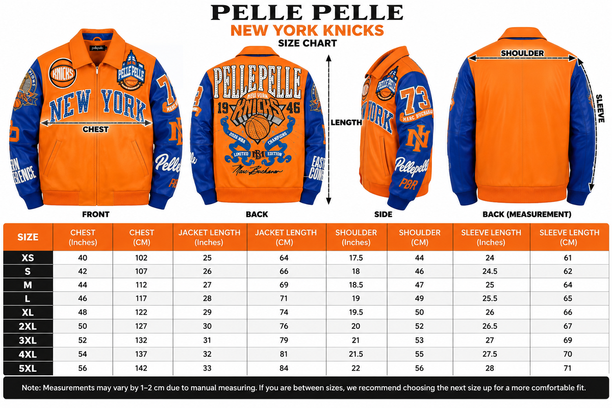 Pelle Pelle New York Knicks orange and blue jacket size chart showing XS to 5XL with chest, jacket length, shoulder, and sleeve measurements