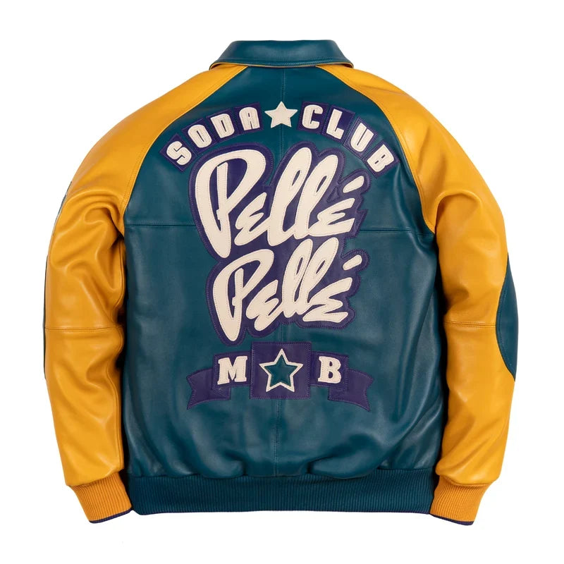 Back view of a teal and mustard yellow varsity jacket featuring large Soda Club lettering, decorative Pelle Pelle graphics, and contrasting color panels.