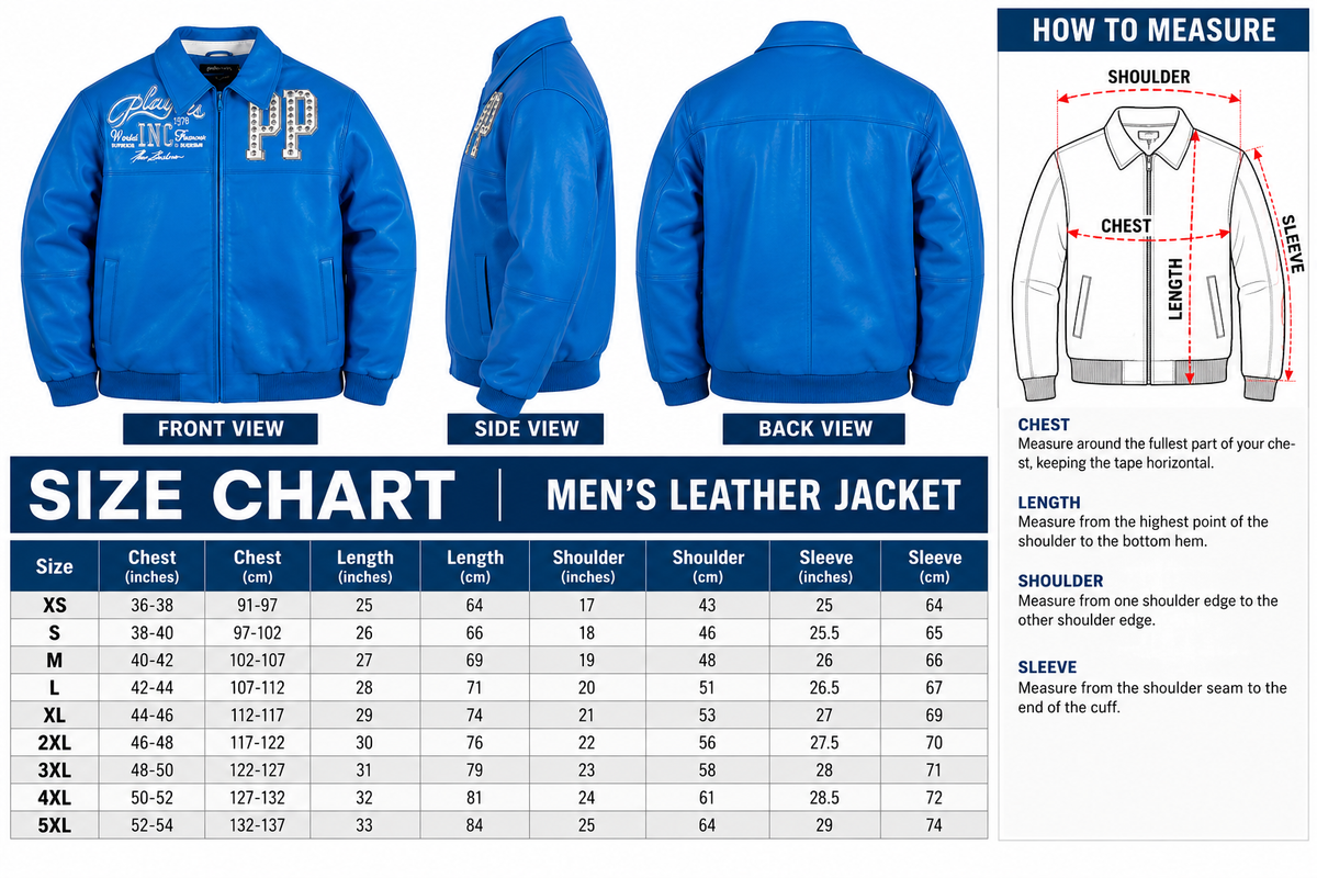 Blue and silver jacket size chart showing XS to 5XL sizes, chest, length, shoulder, and sleeve measurements with a how-to-measure guide.