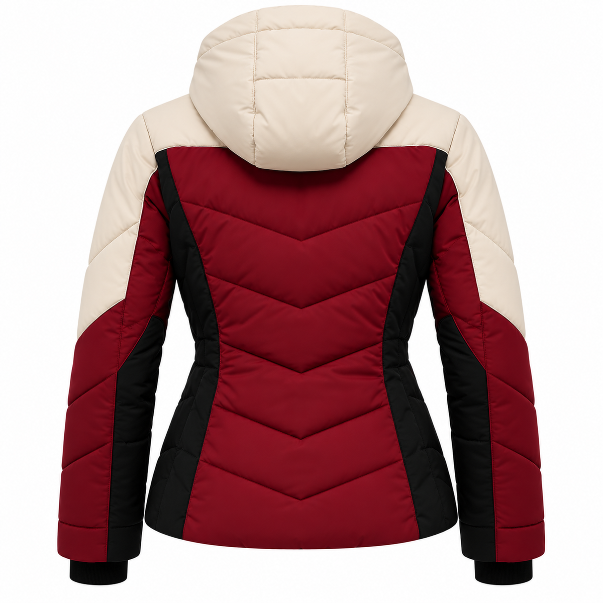 Back view of a burgundy winter puffer jacket with cream hood and shoulder panels, black side panels and quilted detailing on a white background.