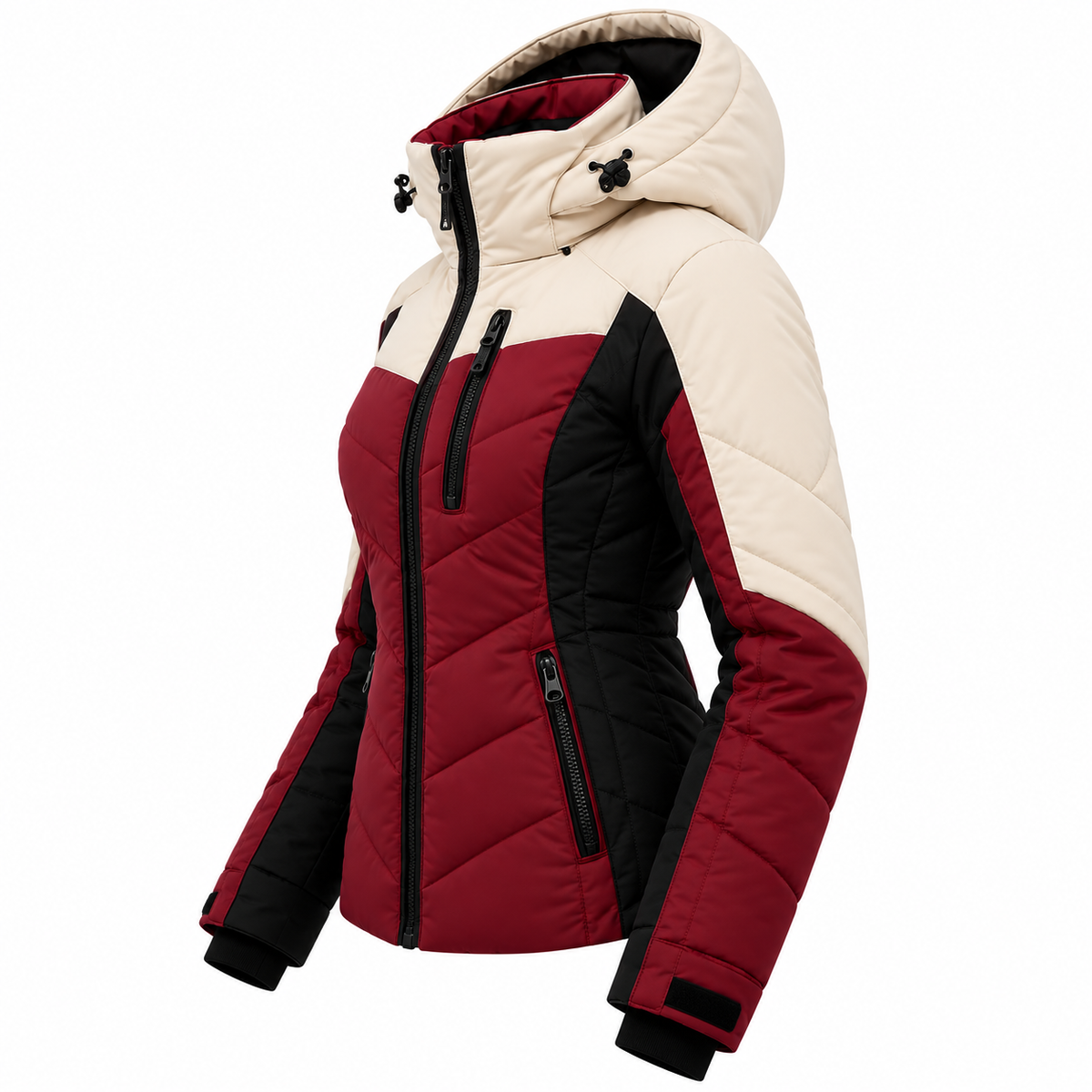 Side view of a burgundy, cream and black hooded puffer jacket featuring quilted panels, zippered pockets and adjustable cuffs on a white background.