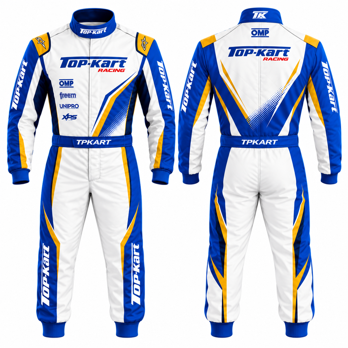 Top-Kart white and blue racing suit front and back view