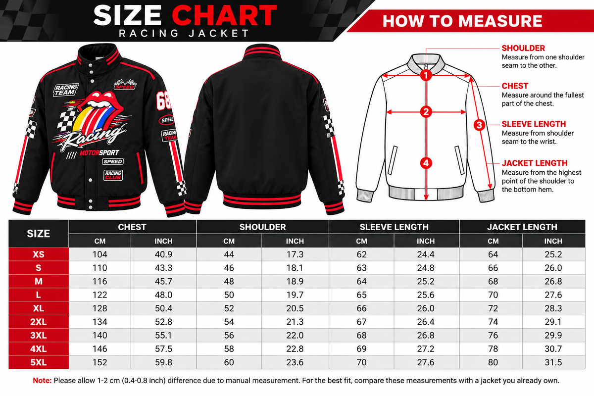 Vintage motorsport racing jacket size chart showing XS to 5XL measurements for choosing the right fit.