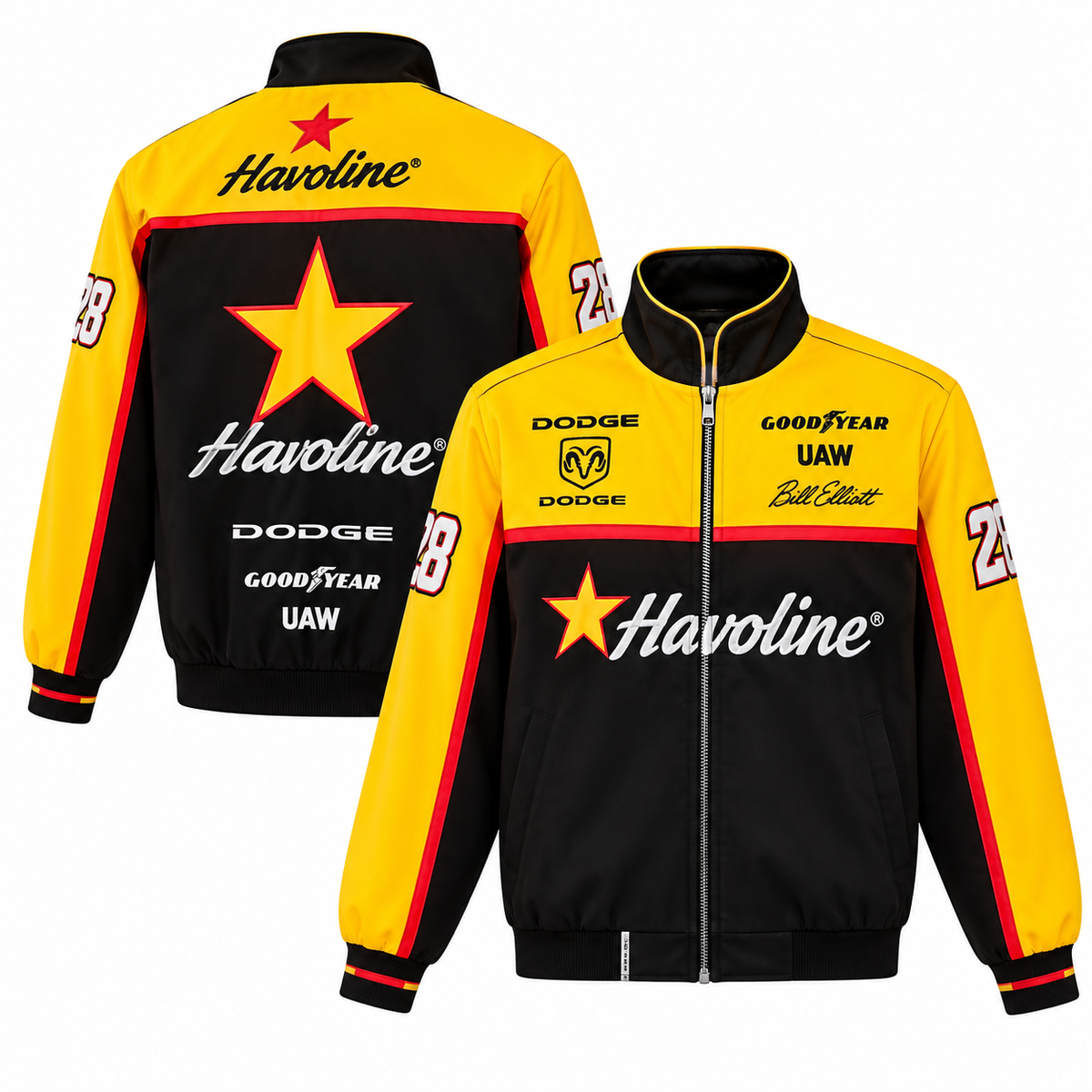 Yellow and black vintage racing jacket with red accents, retro motorsport graphics, full zip closure, and ribbed cuffs.