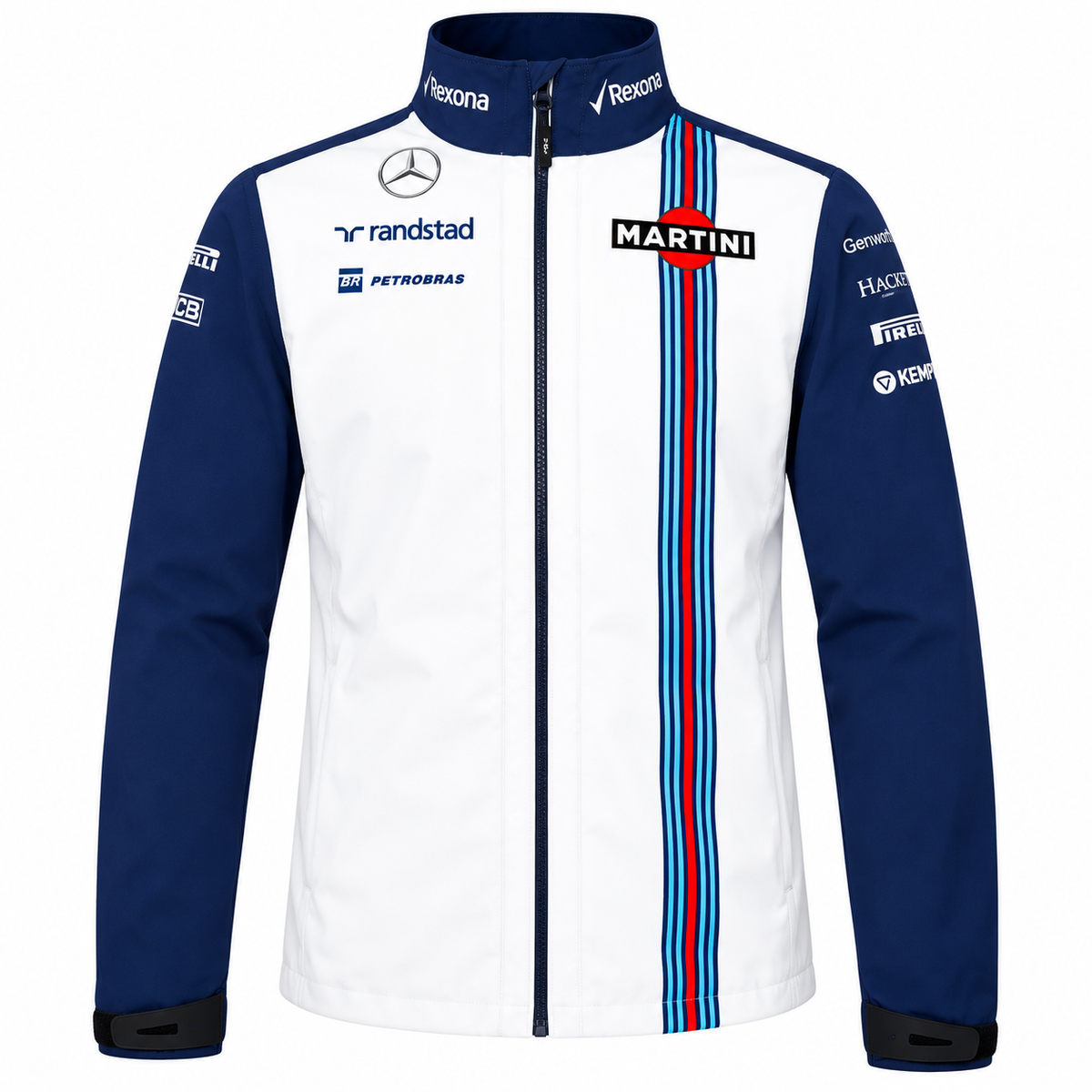 Navy blue and white Williams Martini Racing motorsport jacket with red and light blue racing stripes, full front zipper, high collar, and sponsor details on a white background.