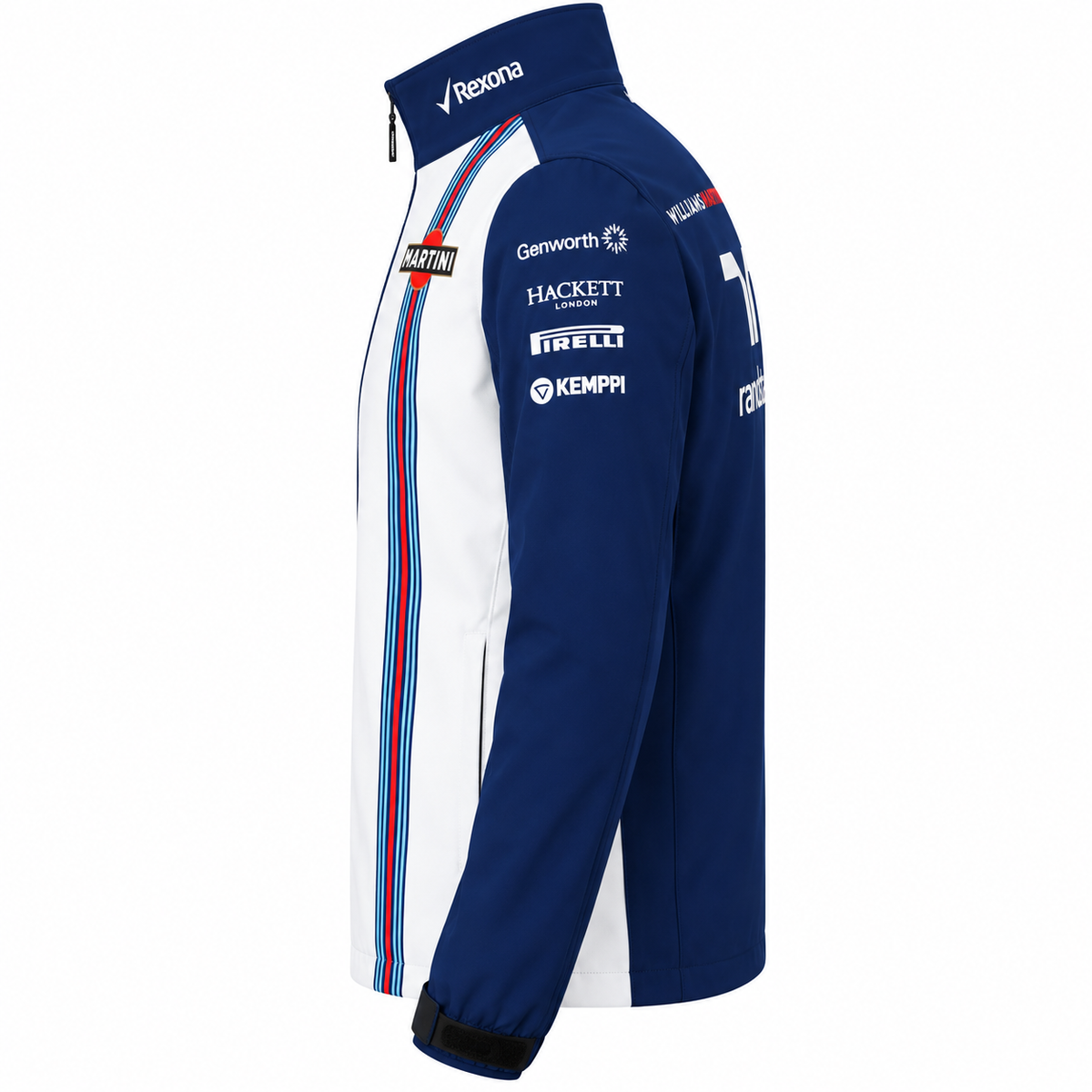 Side view of a navy blue and white motorsport racing jacket featuring Martini racing stripes, sponsor details on the sleeve, zip closure, and adjustable cuffs on a white background.