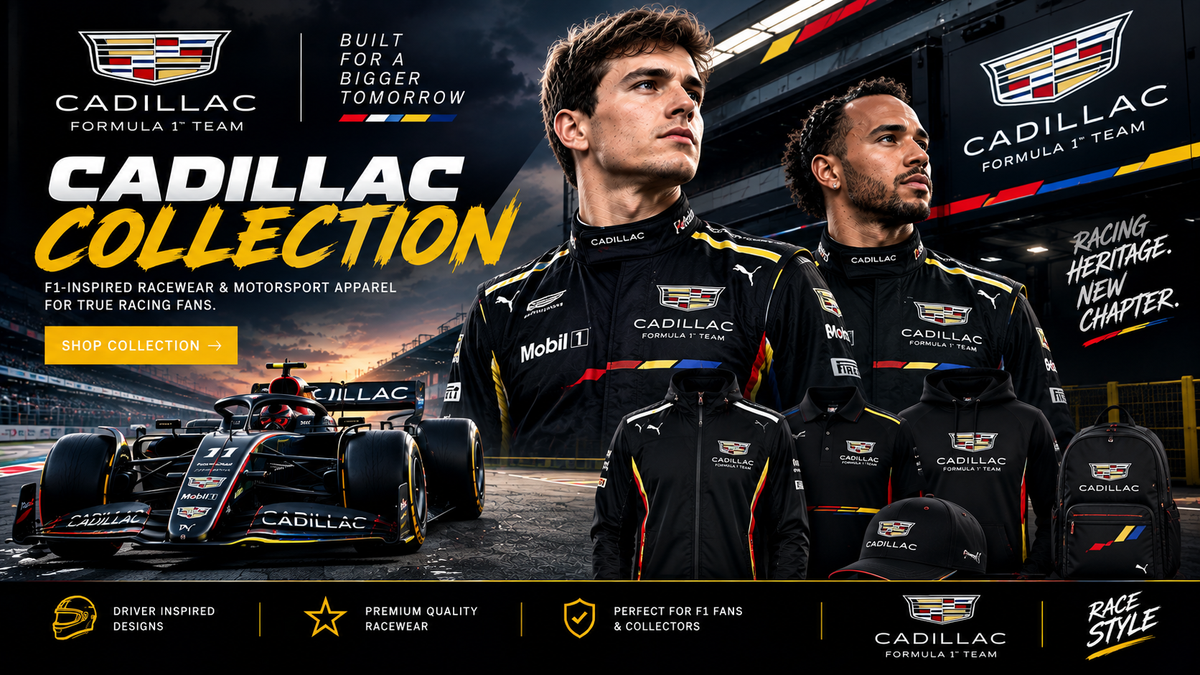 Cadillac F1-inspired collection featuring black racewear with red, blue and yellow motorsport details