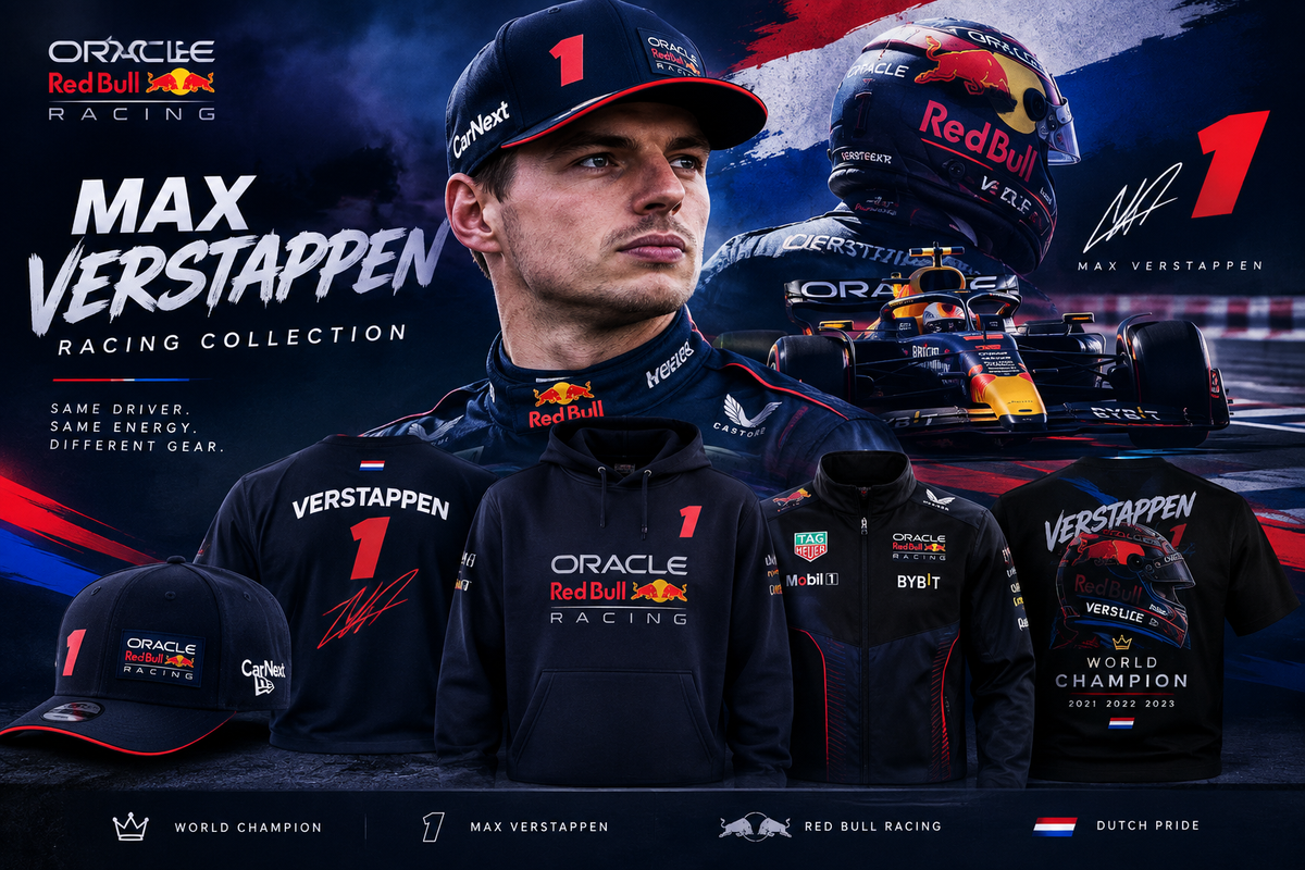 Max Verstappen-inspired Formula 1 racewear collection featuring racing hoodies, shirts and caps by HHF1 Racewear