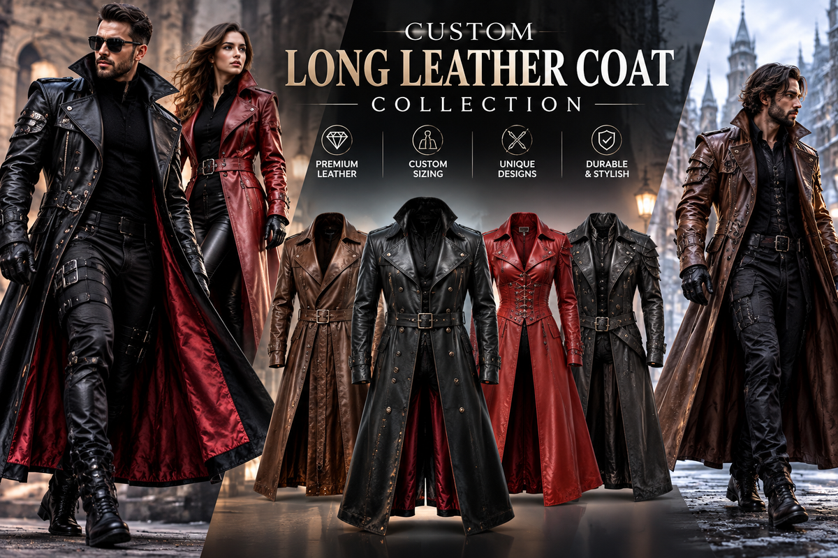 Custom long leather coat collection featuring black, brown, and burgundy leather coats in premium gothic and contemporary styles