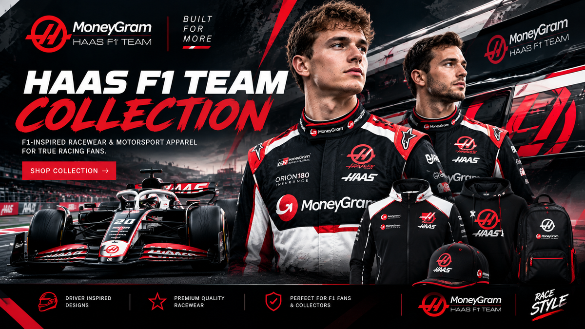 Haas F1-inspired collection featuring black, white and red racewear and motorsport apparel