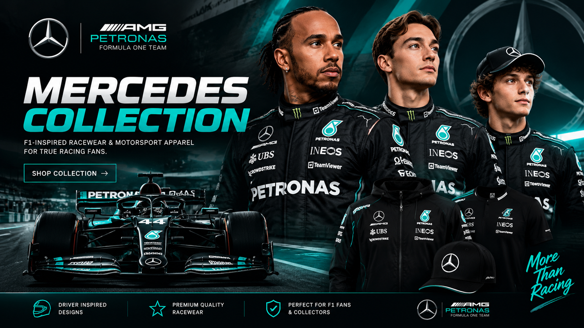 Mercedes F1-inspired collection featuring black and turquoise racewear and motorsport apparel
