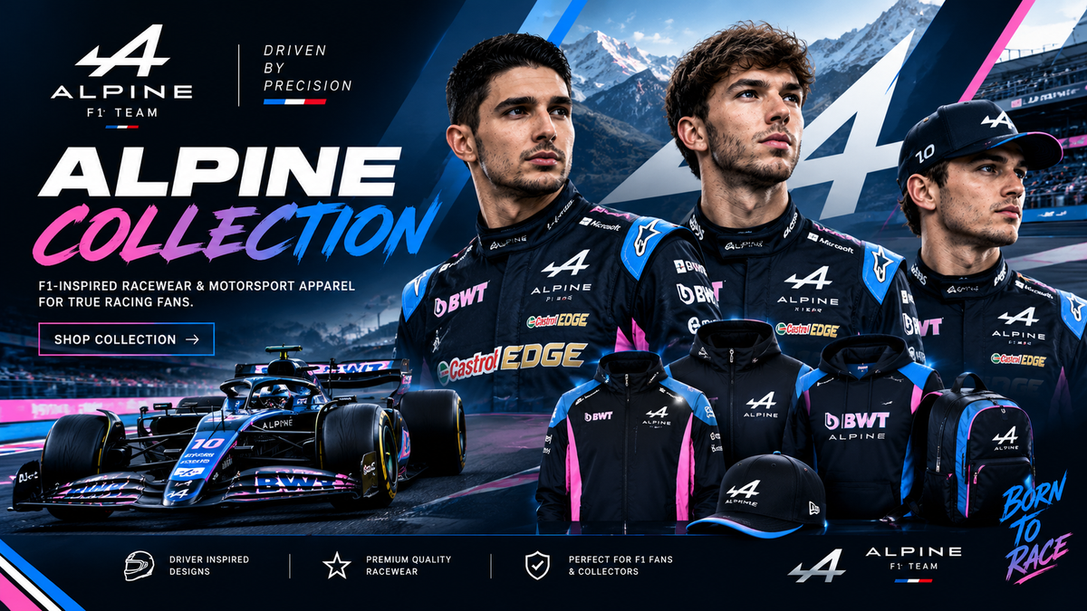 Alpine F1-inspired collection featuring blue and pink racewear and motorsport apparel