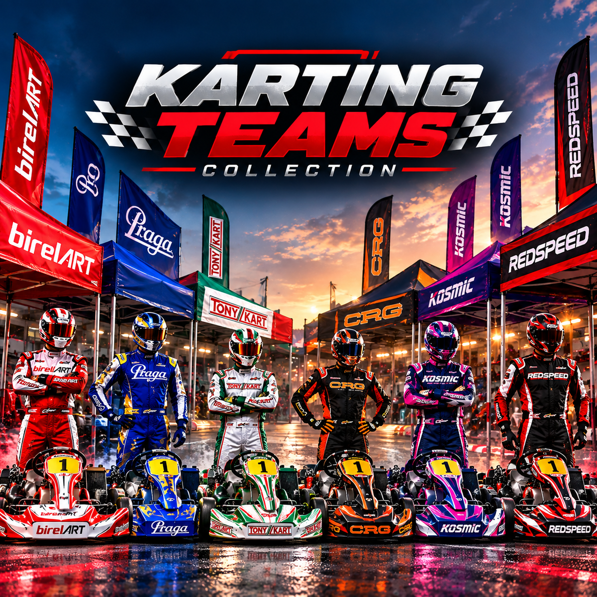 Karting Teams Collection featuring racing drivers, go-karts and team-inspired racing suits