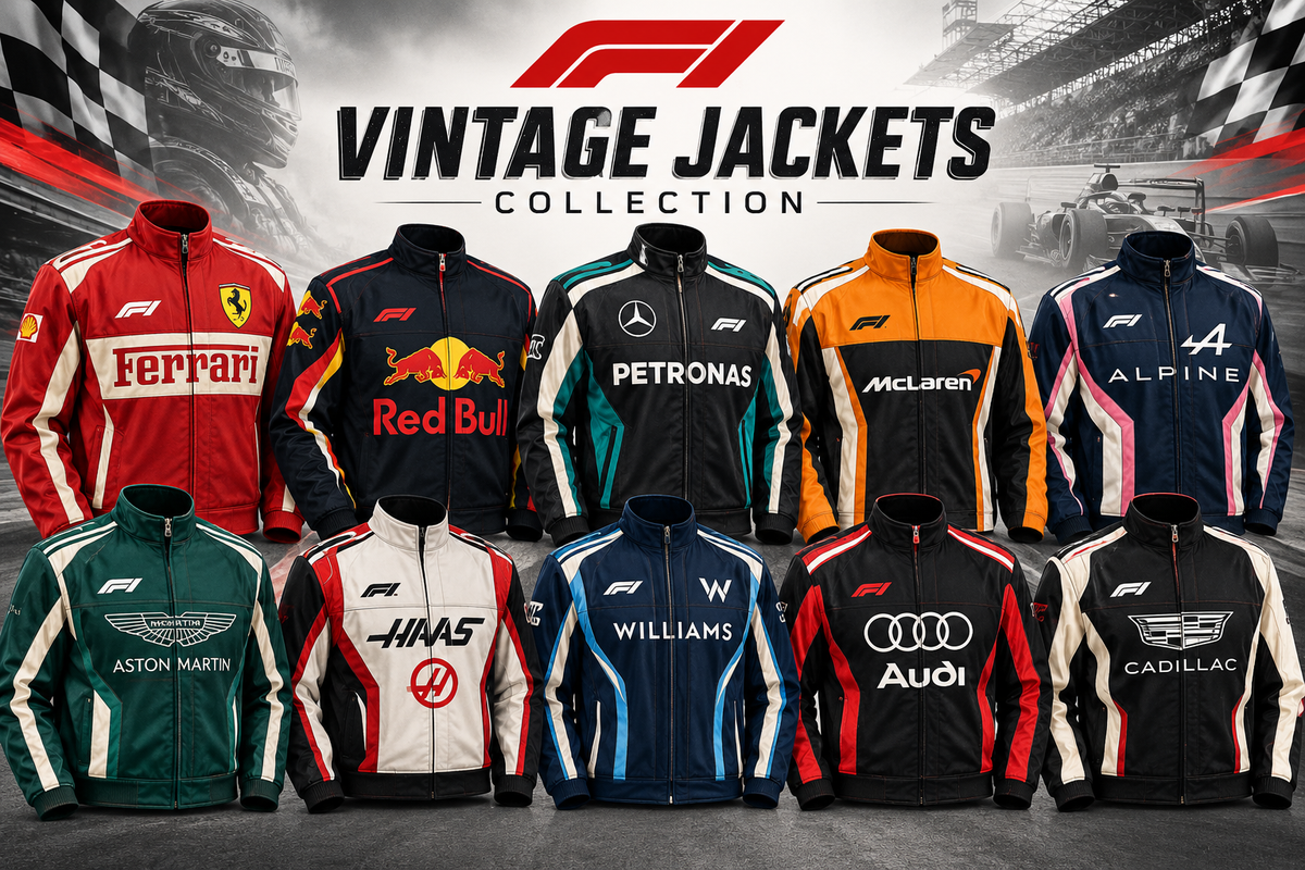 Vintage motorsport racing jackets collection featuring retro racing designs, bold colors, sporty panels, and classic streetwear styles displayed against a racetrack background.