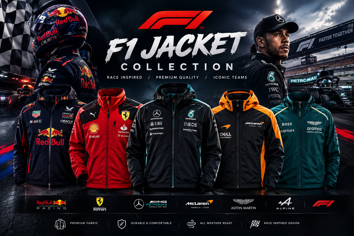 F1 jacket collection featuring Red Bull, Ferrari, Mercedes, McLaren and Aston Martin inspired racing jackets