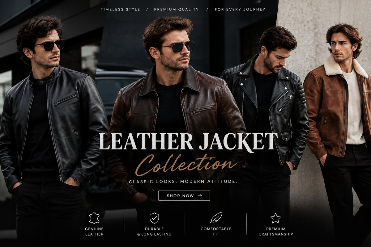 Premium leather jacket collection featuring black and brown leather jackets for men