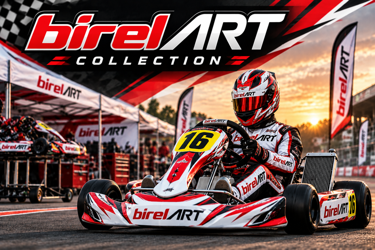 Birel ART Kart Collection featuring a red and white racing kart with a professional kart driver