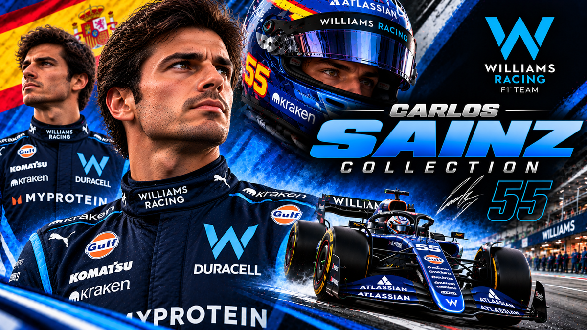 Carlos Sainz Williams Racing collection banner featuring the F1 driver, blue racing suit, helmet and number 55 Formula 1 car.