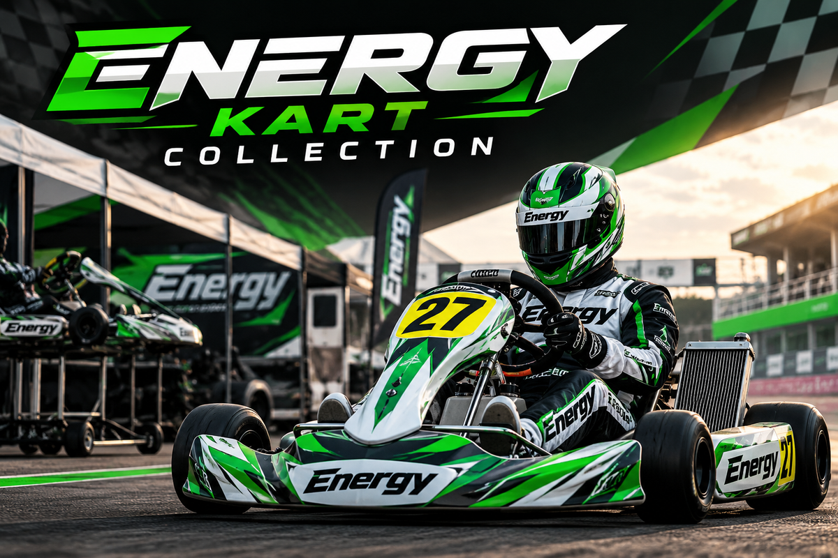Energy Kart Collection featuring a green and white racing kart with a professional kart driver