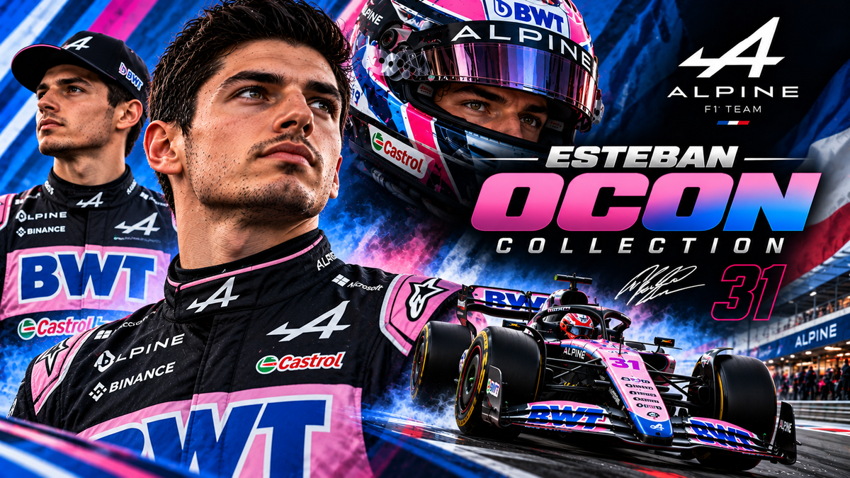 Esteban Ocon collection featuring Alpine F1 racing jacket, race car and motorsport apparel
