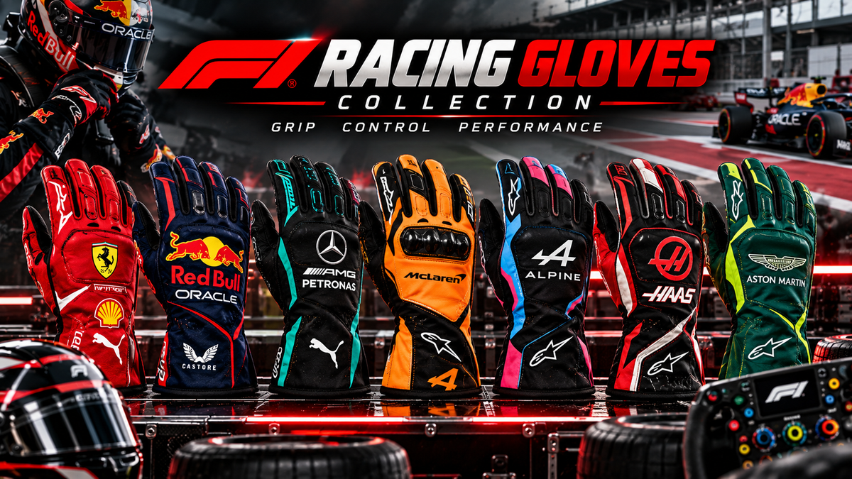 F1 Racing Gloves Collection featuring colorful Formula 1 inspired racing gloves in a professional pit lane