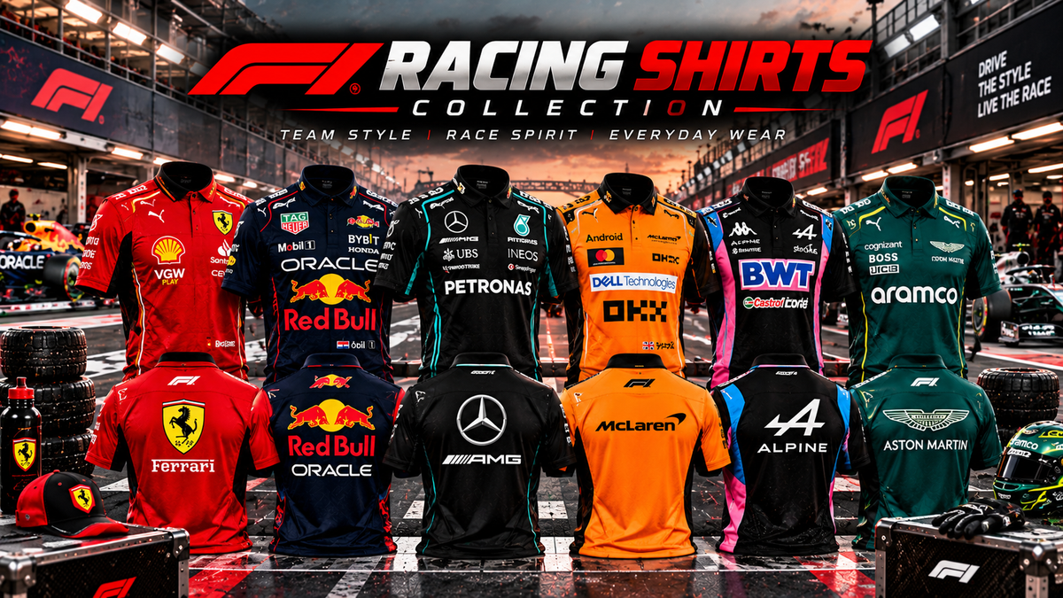 F1 Racing Shirts Collection featuring colorful Formula 1 inspired team shirts in a professional pit lane