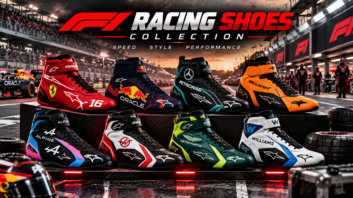 F1 Racing Shoes Collection featuring colorful Formula 1 inspired racing shoes in a professional pit lane