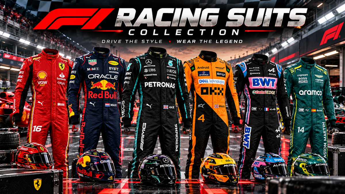 F1 Racing Suits Collection featuring Formula 1 inspired racing suits in a professional pit lane