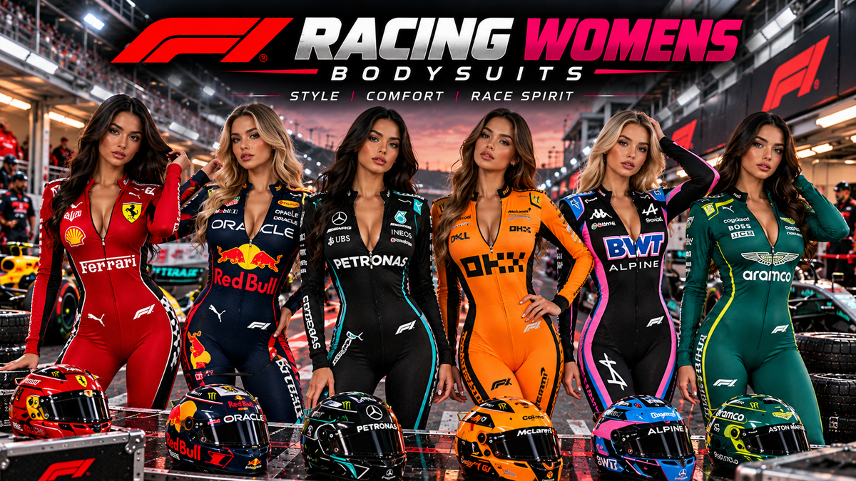 F1 Womens Bodysuits Collection featuring Formula 1 inspired women’s racing bodysuits in a professional pit garage