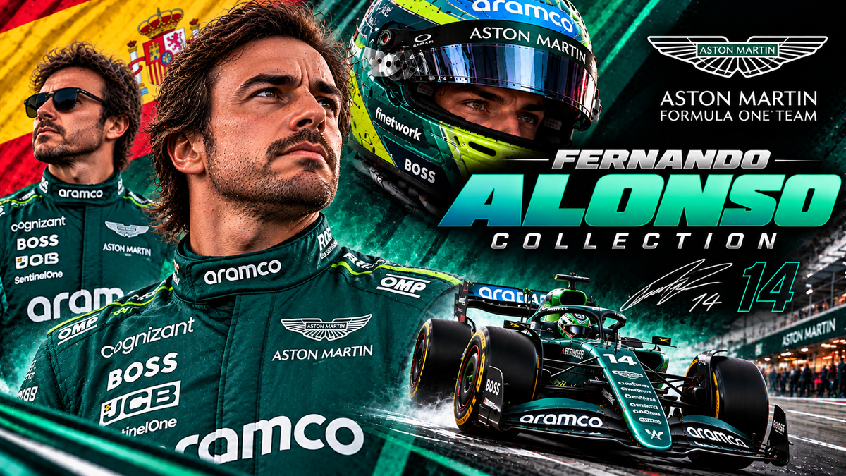 Fernando Alonso collection featuring Aston Martin F1 racing jacket, race car and motorsport apparel