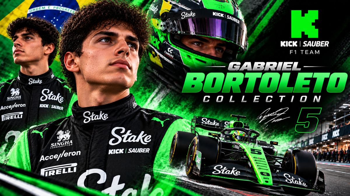 Gabriel Bortoleto collection featuring Sauber inspired F1 racing jacket, race car and motorsport apparel