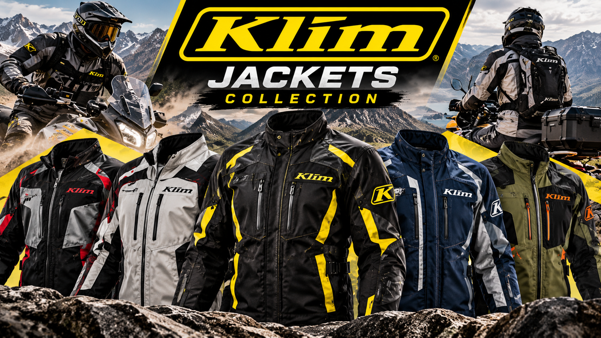 Klim Jackets Collection featuring premium motorcycle and adventure riding jackets in a mountain setting