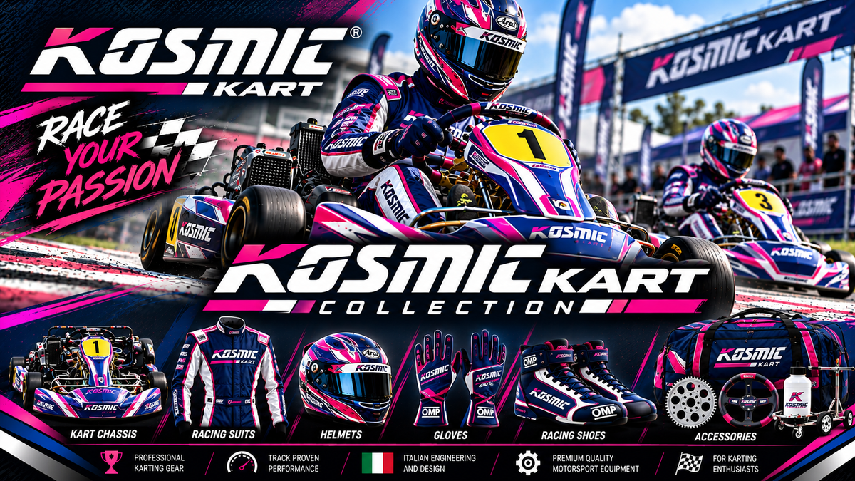 Kosmic Kart collection featuring kart chassis, racing suit, helmet, gloves, racing shoes and karting accessories