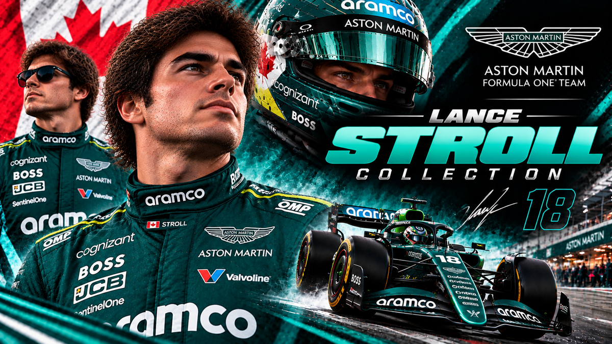 Lance Stroll collection featuring Aston Martin F1 racing jacket, race car and motorsport apparel