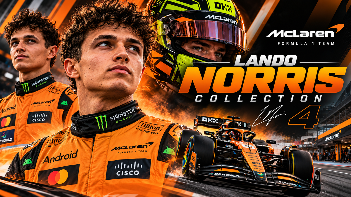 Lando Norris collection featuring McLaren-inspired F1 racing jacket, race car and motorsport apparel