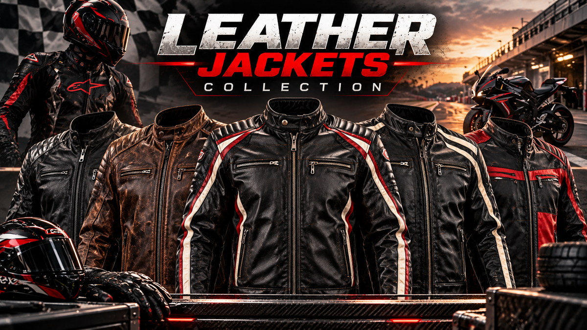 Premium leather jackets collection featuring black, brown and racing-inspired leather jackets