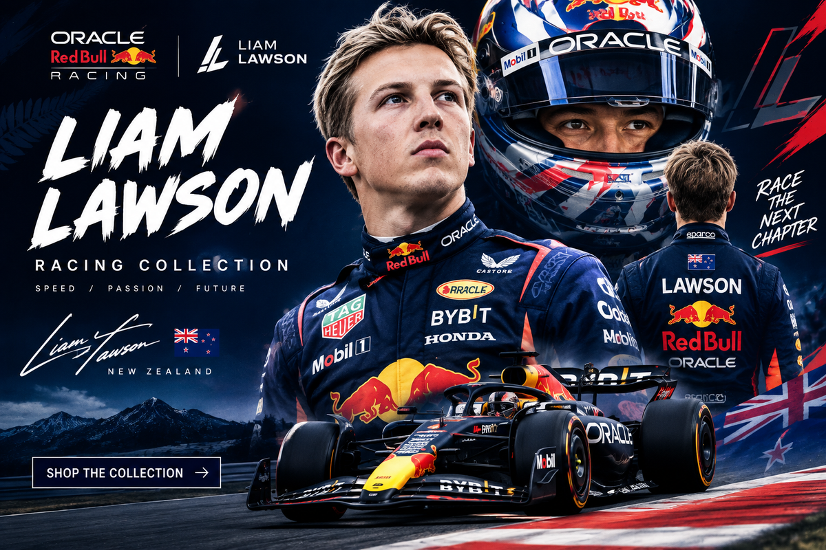 Liam Lawson Racing Collection featuring Formula 1-inspired racing apparel, race car and New Zealand-themed designs