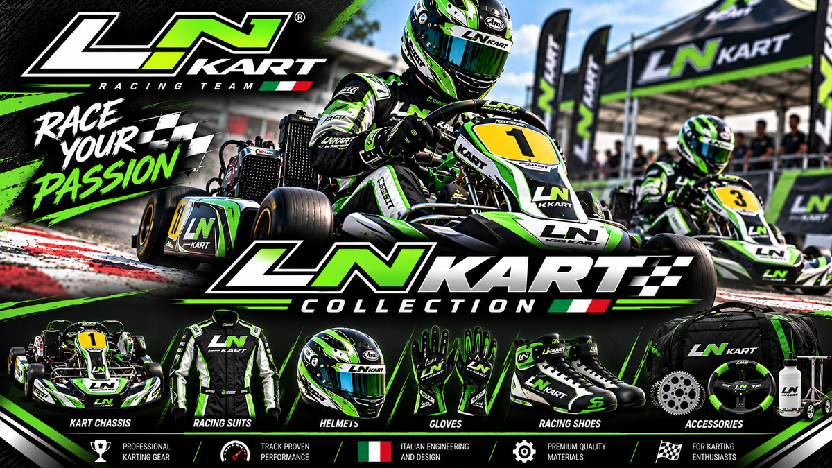 LN Kart collection featuring kart chassis, racing suit, helmet, gloves, racing shoes and karting accessories