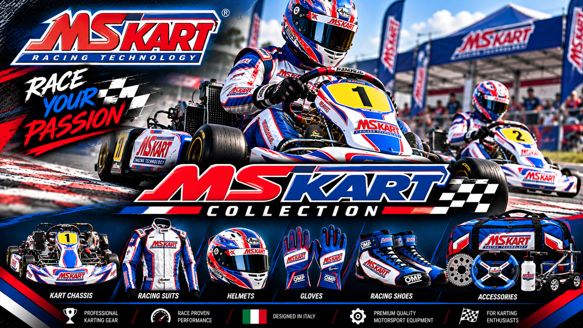 MS Kart collection featuring kart chassis, racing suit, helmet, gloves, racing shoes and karting accessories