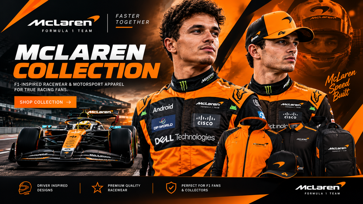 McLaren F1-inspired collection featuring orange and black racewear and motorsport apparel