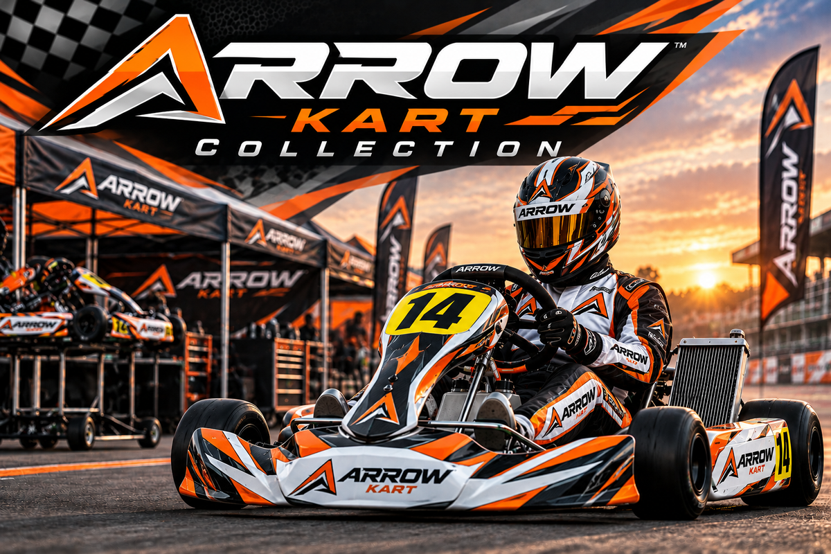 Arrow Kart Collection featuring an orange and black racing kart with a professional kart driver