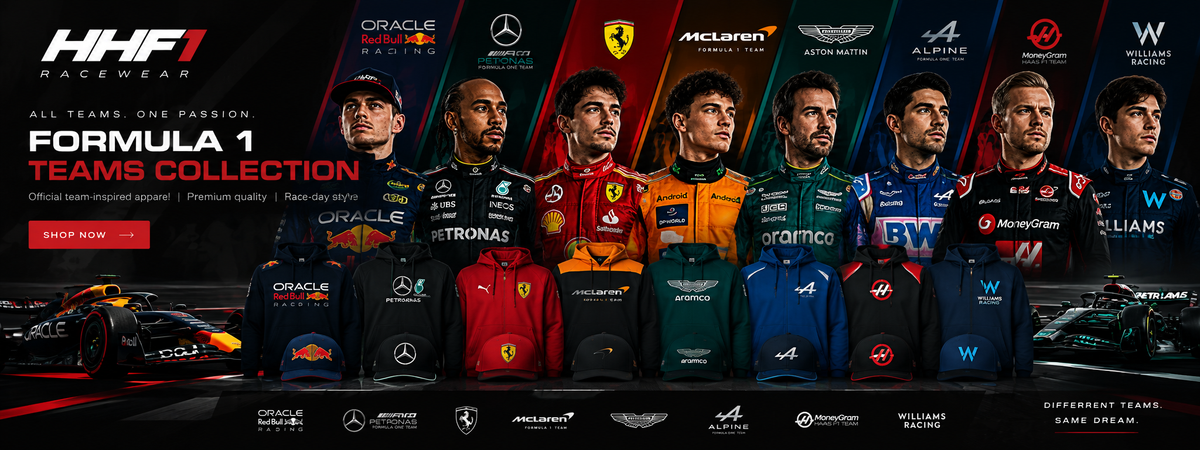 Formula 1 teams racewear collection featuring racing-inspired hoodies, caps, and apparel by HHF1 Racewear