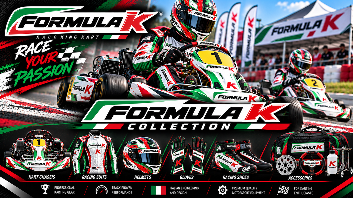 Formula K collection featuring kart chassis, racing suit, helmet, gloves, racing shoes and karting accessories