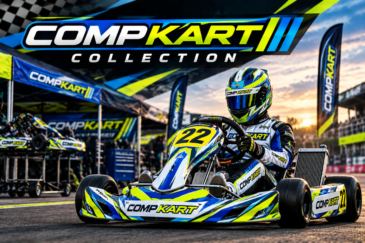 Comp Kart Collection featuring a blue and yellow racing kart with a professional kart driver