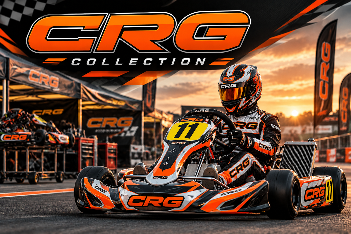 CRG Kart Collection featuring an orange and black racing kart with a professional kart driver